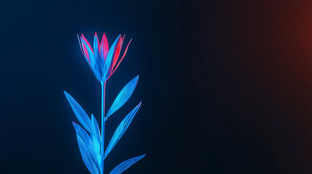A stylized flower with blue leaves and red-tipped petals, illuminated with a neon glow against a dark backdrop.の素材