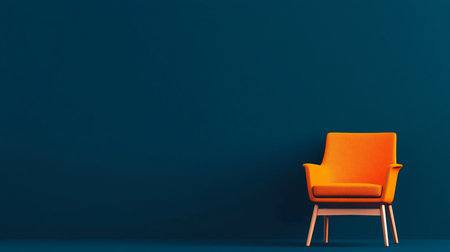 A vibrant orange armchair with a textured fabric and light wooden legs stands against a dark blue wall, creating a striking contrast.の素材