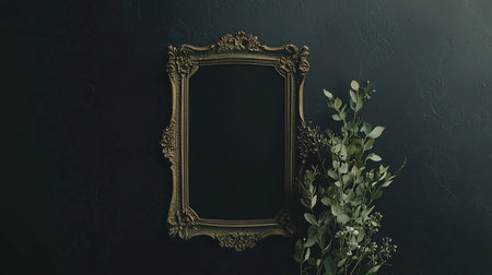 An antique-style gold frame with detailed carvings, featuring an aged, textured finish and a rectangular shape.の素材