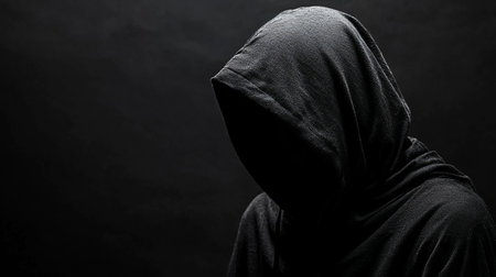 A person wearing a dark, textured hooded garment, with their face completely hidden in shadow, creating an aura of mystery.の素材