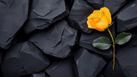A single, bright yellow rose with lush green leaves and stem stands out against a backdrop of rough, dark grey slate stones.の素材