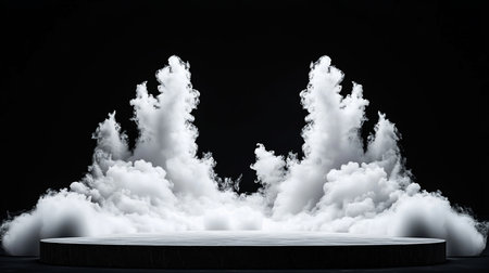 Dark textured circular podium with a smooth, reflective grey top, enveloped by dense, billowing white smoke and fog plumes, creating an ethereal display.の素材