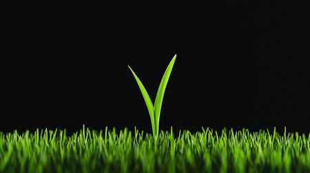 Lush, vibrant green grass blades with a prominent, bright V-shaped sprout standing tall, showcasing fresh growth and natural texture.の素材