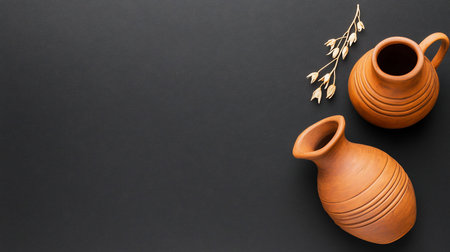 Two unglazed, terracotta clay vessels, a jug and a vase, both with horizontal ribbed textures. A single dried sprig of oats lies beside the rustic pottery.の素材