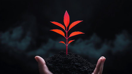 A small plant with bright red leaves and stem grows from a mound of dark, textured soil, cradled in human hands.の素材