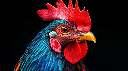 Detailed close-up of a rooster's head, featuring a prominent textured red comb and wattle, vibrant iridescent blue-green feathers, a sharp yellow beak, and an intense orange eye.の素材