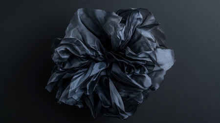 Intricate dark blue crumpled fabric object, layered folds, textured surface, organic form, subtle sheen, sheer and opaque sections.の素材