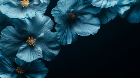 Macro view of several ethereal blue hibiscus flowers, showcasing their intricate petal textures and vibrant golden stamens against a dark background.の素材