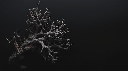 A textured, abstract branch sculpture with many intricate twigs, rendered in dark tones, creating a stark contrast against a dark background.の素材