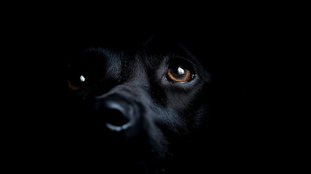 A black dog's face is partially visible, featuring shiny brown eyes and a wet nose, emerging from the darkness.の素材