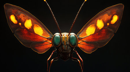 Close-up of an insect with large green compound eyes, long antennae, and textured orange wings featuring bright, glowing yellow spots.の素材
