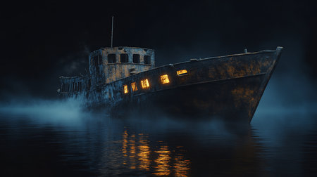 A decaying, rusty ship sits in dark water, its windows glowing with an eerie light, surrounded by mist and shadows.の素材