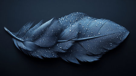 Close-up view of dark blue feathers, intricately detailed with numerous small, glistening water droplets scattered across their surface.の素材