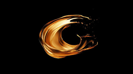 A swirling, dynamic splash of golden liquid, captured mid-air with a glossy, fluid texture and small droplets.の素材