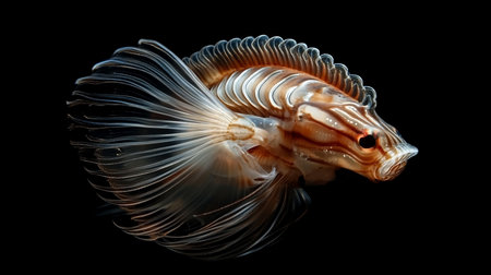 A detailed close-up of a lionfish showcasing its translucent, fan-like fins and distinctive brown and white stripes.の素材