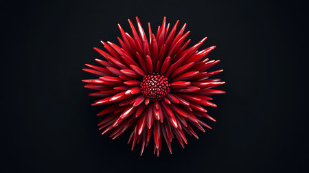 A vibrant, glossy red abstract flower with numerous sharp, pointed petals radiating outwards from a textured, circular center.の素材