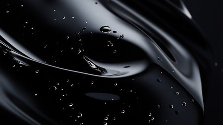 A close-up, abstract view of a glossy, dark liquid surface with numerous small, reflective water droplets scattered across its undulating form.の素材