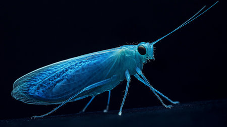 A translucent, glowing blue insect with delicate, veined wings and prominent, long antennae, captured in sharp detail against a dark background.の素材