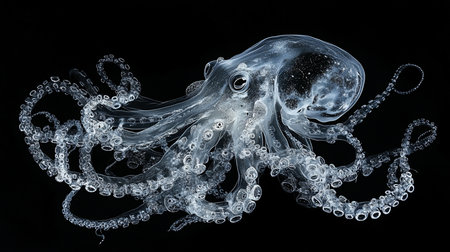 Ethereal, transparent octopus with a textured, bulbous mantle and eight intricately detailed tentacles adorned with numerous suction cups, appearing crystalline.の素材