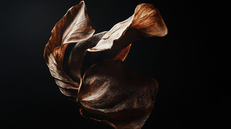 A close-up, detailed view of a single, dried brown leaf with prominent, textured veins and gracefully wavy edges, presented against a dark background.の素材