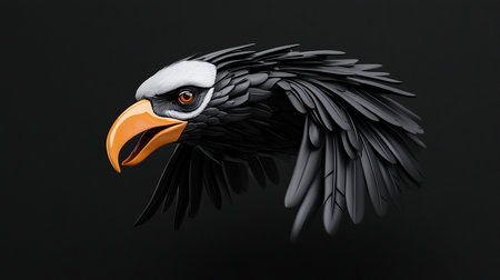 Detailed eagle head with glossy black feathers, white head, and a vibrant orange beak, showcasing intricate textures and a sharp, focused gaze.の素材
