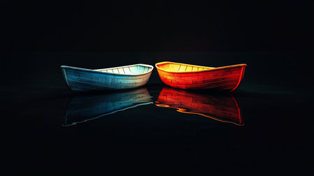 Two weathered rowboats, one blue and one red, float on dark, still water, their vibrant colors contrasting with the deep background.の素材