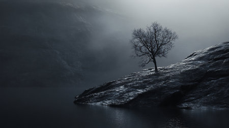 A solitary, bare-branched tree stands silhouetted on a rugged, glistening dark rock formation. The rocky surface is wet, reflecting a faint light in the moody atmosphere.の素材