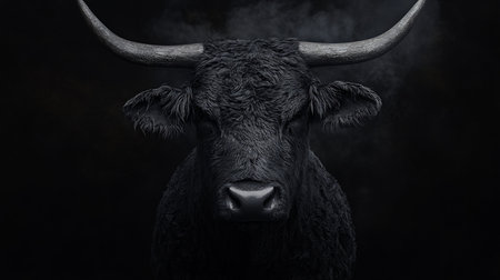 A close-up, front-facing portrait of a powerful black bull, showcasing its detailed, textured fur and imposing, dark horns.の素材