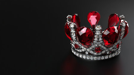 A detailed view of a crown adorned with large, faceted red gemstones and sparkling diamond accents, resting on a sleek black surface.の素材