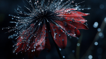 Close-up of a vibrant red flower with delicate petals covered in glistening dew drops and dark speckles.の素材