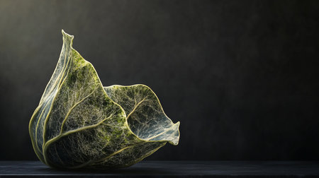 A single, large, translucent green leaf with a prominent, delicate vein network and subtly golden-tinged edges, presented in a dramatic, artistic composition.の素材