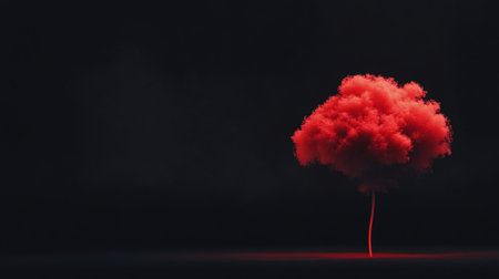 A striking red tree with a textured, cloud-like canopy and a slender trunk, set against a dark, minimalist background.の素材