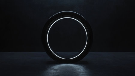 A circular, dark, metallic ring with a bright white luminous inner edge, casting a subtle glow on the textured dark floor.の素材