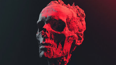 A textured skull sculpture, predominantly red, exhibits eroded details and a rough surface, illuminated by dramatic lighting, creating a striking visual effect.の素材