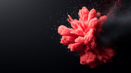 A vibrant coral-colored explosion with a cloud-like texture, dispersing into fine particles against a dark backdrop.の素材