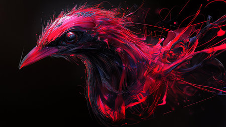 Abstract bird illustration with vibrant red and black hues, featuring a splatter effect against a dark background, creating a dynamic and artistic design.の素材