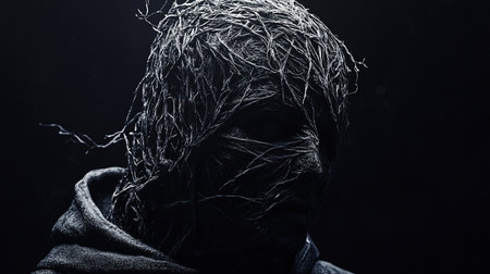 A hooded figure's face is obscured by a dense network of twigs, creating a dark, textured portrait with a mysterious and unsettling atmosphere.の素材