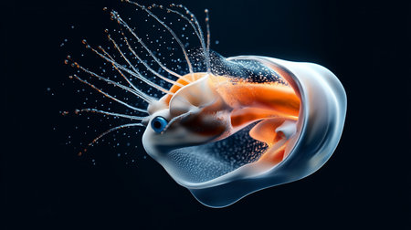 Abstract jellyfish-like creature with translucent body, orange interior, blue eye, and radiating tentacles with droplets, against a dark backdrop.の素材