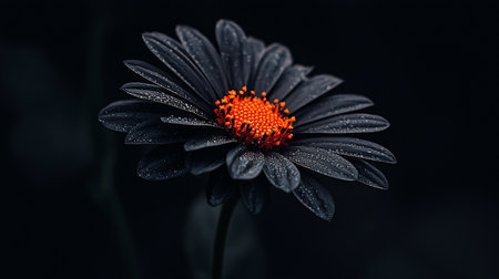 A striking dark black gerbera daisy with a vibrant orange center, adorned with glistening dewdrops on its petals.の素材