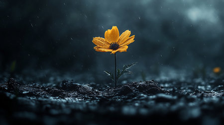 A single, vibrant yellow flower with a dark, textured center and delicate petals is covered in glistening raindrops, growing from dark, wet soil.の素材