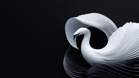 A stylized white swan sculpture with layered, textured feathers, presented against a stark black backdrop, creating a minimalist and elegant aesthetic.の素材