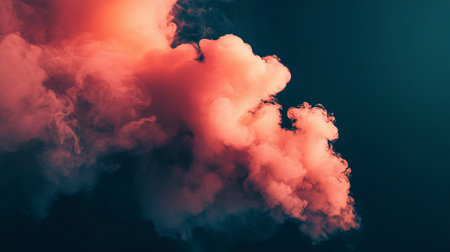 A billowing cloud of coral-colored smoke with wispy tendrils, contrasted against a dark teal background, creating a dreamy, abstract effect.の素材