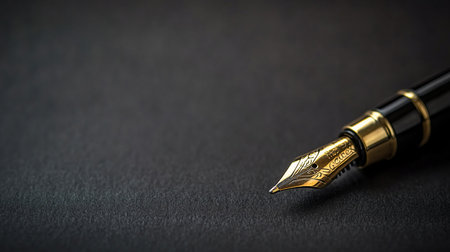 Close-up of a fountain pen featuring a gold nib with intricate details and a glossy black body with gold accents, resting on a dark textured surface.の素材