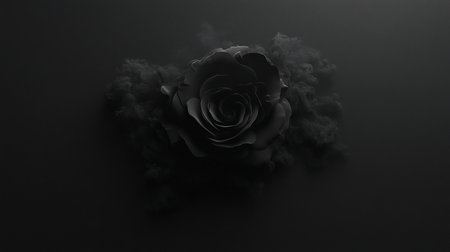 Striking black rose with smooth, matte petals and a tightly coiled center. Deep shadows define its intricate, layered form and velvety texture.の素材