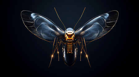 A stylized insect with a metallic body, translucent wings outlined in gold, and glowing golden accents, presented against a dark background.の素材