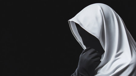 Figure in a white hooded robe, hands covered in black gloves, against a dark background. The robe has a smooth, flowing texture.の素材