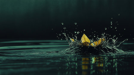 A vibrant golden leaf is captured mid-splash as it impacts dark, rippling water, creating a dramatic spray of droplets.の素材