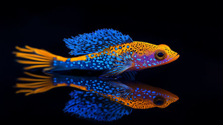 A strikingly colorful fish with a bright orange body, vivid blue fins, and intricate black spots. Its large dorsal fin is prominently spread, showcasing its unique patterns.の素材