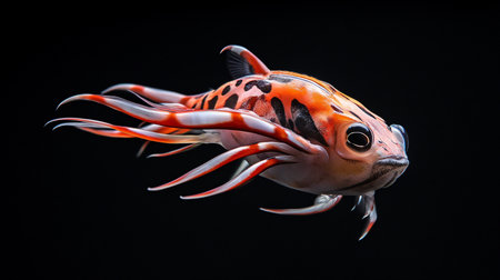 A detailed close-up of a vibrant orange and white striped fish with black spots, showcasing its unique fins and textured skin.の素材