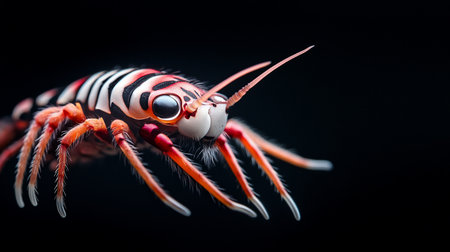 Detailed view of an insect featuring a striped body, orange legs covered in fine hairs, and long, slender antennae against a dark background.の素材